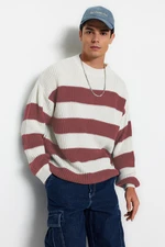 Trendyol Pale Pink Oversize Fit Wide Fit Crew Neck Striped Knitwear Sweater