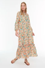 Trendyol Orange Floral Half Patties Woven Dress With Frilled Lined Hem