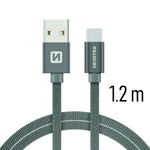 Adatkábel Swissten textil USB-C konnektorral és gyorstöltés támogatással 1,2 m, szürke