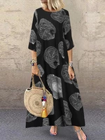 Women Retro Cotton Tree Ring Print Round Neck Three Quarter Sleeve Maxi Dress