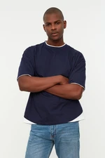 Trendyol Navy Blue Men's Oversized/Wide Cut 100% Cotton Color Block T-Shirt