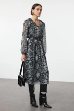 Trendyol Black Animal Belted Midi Woven Dress