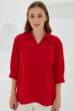 Bigdart Women's Red Shirt Collar Satin Blouse 0493