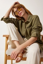 Happiness İstanbul Women's Khaki Pocket Oversize Muslin Shirt