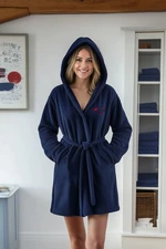 Trendyol Navy Blue Belted Heart and Slogan Embroidered Hooded Wellsoft Winter Knitted Dressing Gown