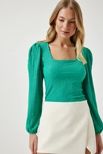 Happiness İstanbul Women's Green Square Neck Textured Knitted Blouse