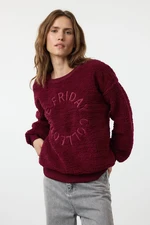 Trendyol Claret Red Plush Embroidered Oversize/Wide Pattern Thick Knitted Sweatshirt