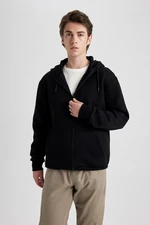 DEFACTO Men's Black Hooded Soft Fuzzy Inside Zipper Basic Cotton Sweatshirt Cardigan X8331az23au