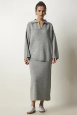 Happiness İstanbul Women's Gray Polo Neck Stylish Knitwear Sweater Skirt Suit