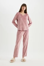 DEFACTO Fall In Love Pajama Set V Neck Velour Long Sleeve Top Elastic Waist Bottom