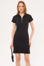 armonika Women's Black Collar Zippered Body-Fitting Above Knee Short Sleeve Dress