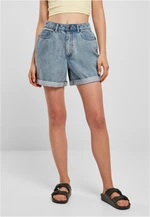 Women's boys' shorts with a high waist, tinted in light blue, washed