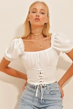 Trend Alaçatı Stili Women's White Watermelon Sleeve Lace-Up Crop Blouse