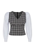 Trendyol Curve White V-Neck Tweed Patterned Long Sleeve Blouse