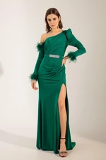 Lafaba Women's Emerald Green Off-the-Shoulder Feather Detailed Long Evening Dress.