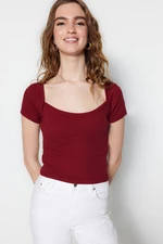 Trendyol Claret Red Fitted Square Neck Crop Corduroy Stretch Knitted Blouse