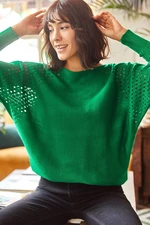 Olalook Women's Emerald Green with Openwork Bat Oversize Knitwear Sweater