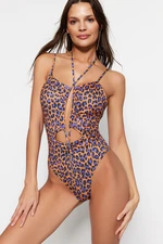 Trendyol Animal Print Deep V-Neck Cut Out/Windowed High Leg Swimsuit