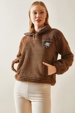 XHAN Brown Zippered High Collar Teddy Plush Sweatshirt