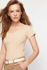 Trendyol Beige Fitted Cotton Stretch Knitted Blouse