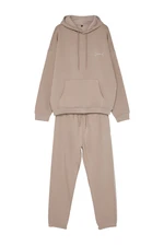 Trendyol Men's Mink Oversize Hooded Elastic Legs Embroidered Welded Fleece Tracksuit Set