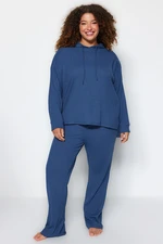 Trendyol Curve Indigo Hooded Collar Relaxed Fit Knitted Camisole Plus Size Top-Bottom Set