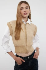 Trendyol Beige Soft Textured Stand Collar Zippered Regular Vest