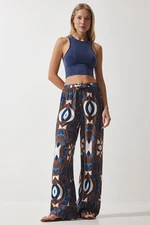 Happiness İstanbul Women's Navy Blue Brown Patterned Flowing Viscose Palazzo Trousers