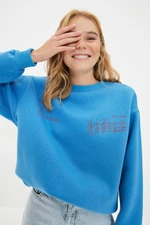 Trendyol Blue Crew Neck Basic Fit Printed Fleece Inside Knitted Sweatshirt