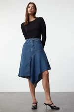 Trendyol Blue Stitch Detailed Asymmetric High Waist Midi Denim Skirt