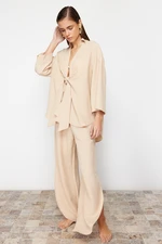 Trendyol Beige Woven Tied Linen blended Shirt Pants Set