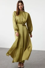 Trendyol Oil Green Satin Rose Detailed Woven Evening Dress