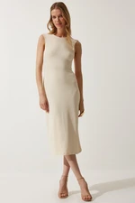 Happiness İstanbul Women's Cream Decollete Ribbed Knitted Dress