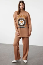 Trendyol Brown Printed Scuba Knitted Tracksuit Set