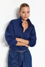 Trendyol Navy Blue Comfort Fit Crop Basic Zippered High Neck Fleece Inside Knitted Sweatshirt