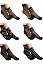 14223 Dewberry Patterned Tulle Women Socks 6 Pack-BLACK