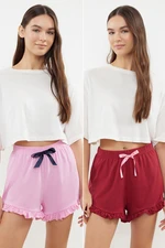 Trendyol Pink-Burgundy 2-Pack Cotton Ribbon/Bow Detailed Knitted Pajama Bottoms