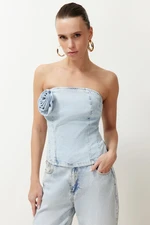 Trendyol Light Blue Rose Detailed Strapless Denim Blouse