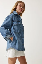 Happiness İstanbul Women's Blue Denim Jacket with Pockets