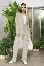 Trendyol Stone-Belted Kimono with Slit Detailed Legs and Trousers, Woven Set