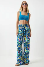 Happiness İstanbul Women's Yellow Blue Patterned Loose Viscose Palazzo Trousers