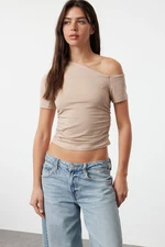 Trendyol Mink Gathered Asymmetrical Collar Stretchy Knitted Blouse