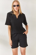 Olalook Black Polo Neck Top Pocket Shorts Ribbed Suit