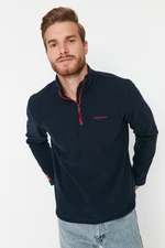 Trendyol Navy Blue Regular/Normal Cut Zippered Stand Collar Embroidered Polar Fleece Sweatshirt