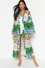 Trendyol Floral Patterned Belted Maxi Woven 100% Cotton Kimono&Kaftan