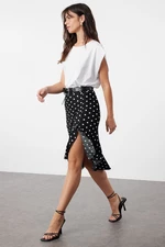 Trendyol Black Polka Dot Ruffled Slit Flexible Midi Knitted Skirt