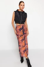 Trendyol Orange Patterned Maxi Length Lace Detail Tulle Stretch Knitted Skirt