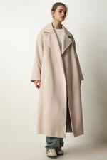 Happiness İstanbul Women Beige Premium Double Breasted Collar Woolen Long Cachet Coat