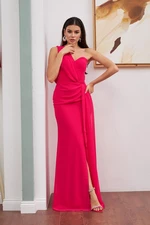 Carmen Fuchsia Chiffon One-Shoulder Slit Long Evening Dress