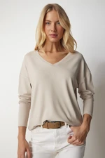 Happiness İstanbul Women's Beige V Neck Knitwear Blouse